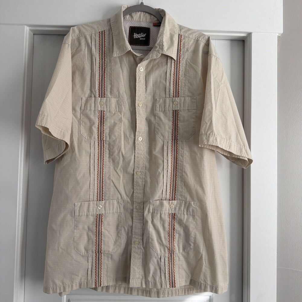 HOWLER BROS HERMANOS EMBROIDERED GUYABERA SHIRT XL beige brown orange